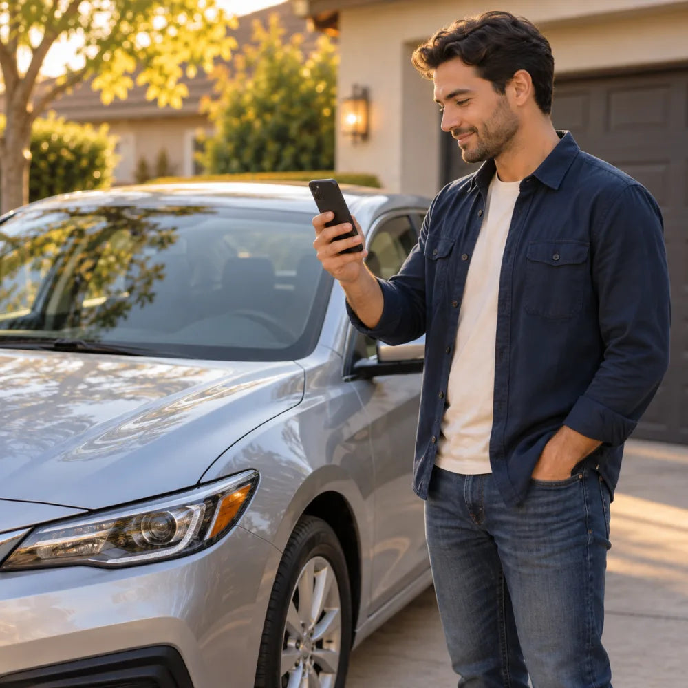 A driver using a phone beside a parked car for a virtual inspection