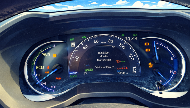 Car dashboard with digital display showing various indicators and information.