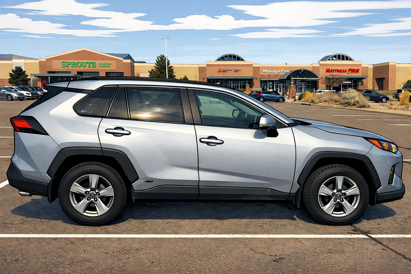 Silver SUV parked in a parking lot with a store in the background